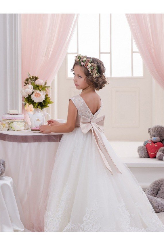 Cheapest Ivory Ball Gown Bateau Neck Chapel Train V-Back Flower Girl Dress UK