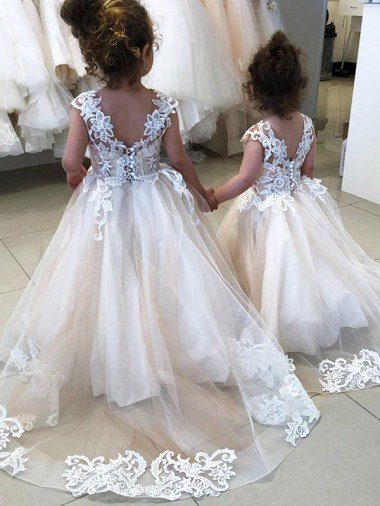 Cheapest Ivory Ball Gown Chapel Train Sleeveless V-Back Flower Girl Dress UK