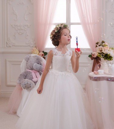 Cheapest Ivory Ball Gown High Neck Floor Length Sleeveless Flower Girl Dress UK