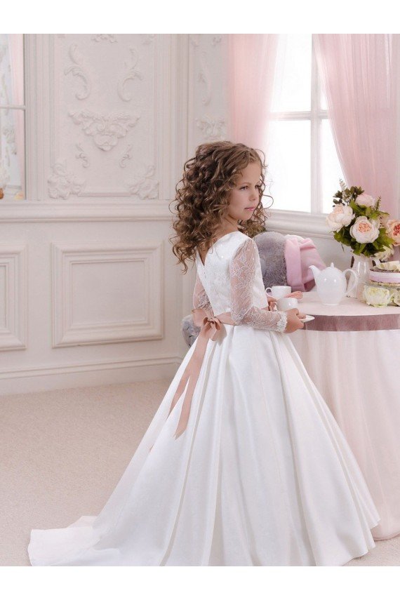 Cheapest Ivory Ball Gown V-Neck Chapel Train Long Sleeve Flower Girl Dress UK