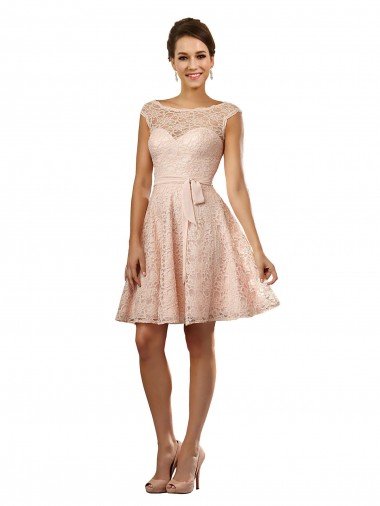 Cheapest Short Knee Length Lace Bridesmaid Dress with Matching Chiffon Tie Sash UK