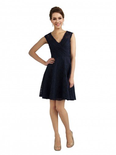 Cheapest Short V-Neck Lace Cocktail Bridesmaid Dress with Illusion Back UK