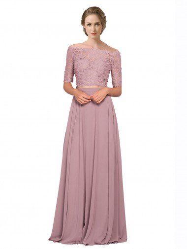 Cheapest Off the Shoulder Lace Crop Top A-Line Chiffon Bridesmaid Dress / Prom Dress UK