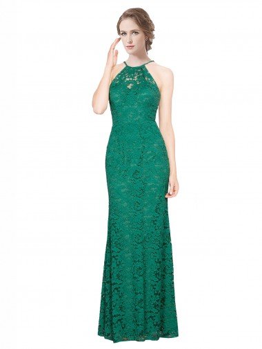 Cheapest High Illusion Halter Neck Long Lace Bridesmaid Dress / Prom Dress UK