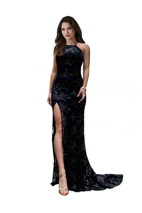 Cheapest Formal High Neckline Lace Open Back Bridesmaid Dress / Prom Dress with High Slit UK