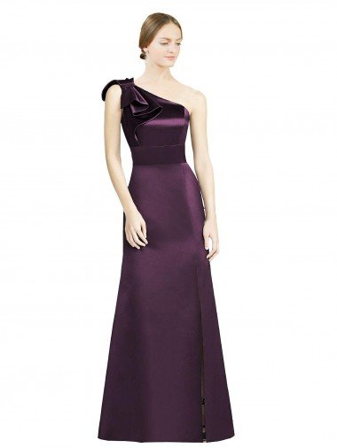 Cheapest Full Length One Shoulder Satin Bridesmaid Dress with Bow Shoulder Detail UK