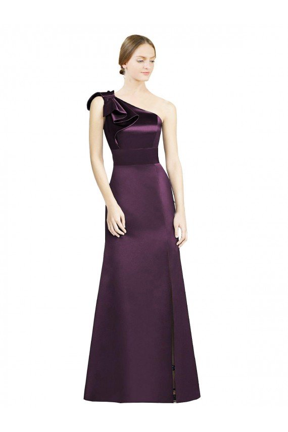 Cheapest Full Length One Shoulder Satin Bridesmaid Dress with Bow Shoulder Detail UK