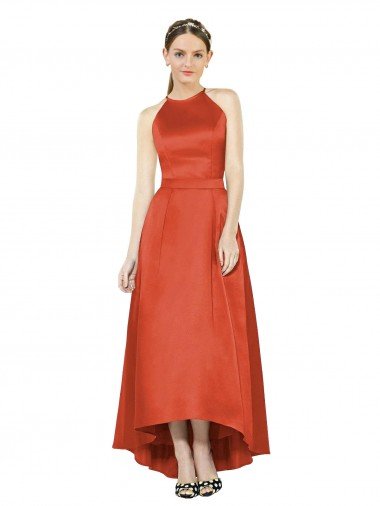 Cheapest Full Length Halter Satin Bridesmaid Dress with Hi-Low Hem Detail UK