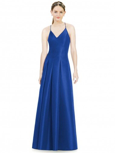 Cheapest Full Pleated V-Neck Long Satin Bridesmaid Dress with Criss Cross Open Back UK