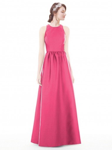 Cheapest Jewel Neck Keyhole Back Sleek Long Satin Bridesmaid Dress UK