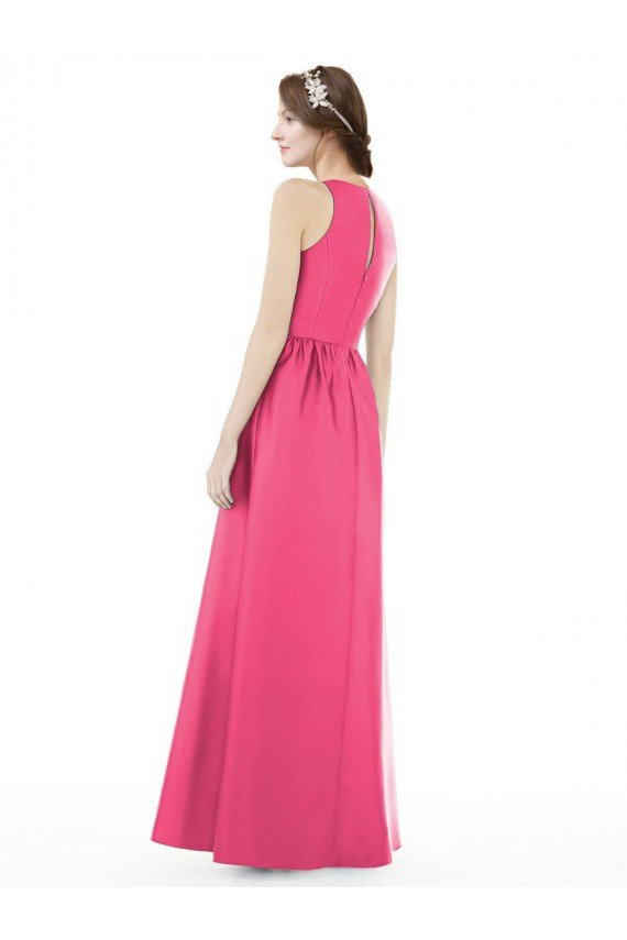 Cheapest Jewel Neck Keyhole Back Sleek Long Satin Bridesmaid Dress UK