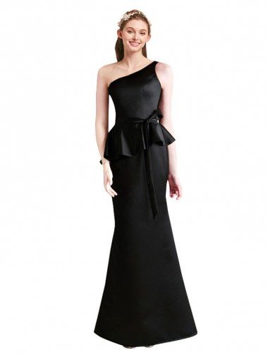 Cheapest Long One Shoulder Satin Bridesmaid Dress with Bow Ties UK