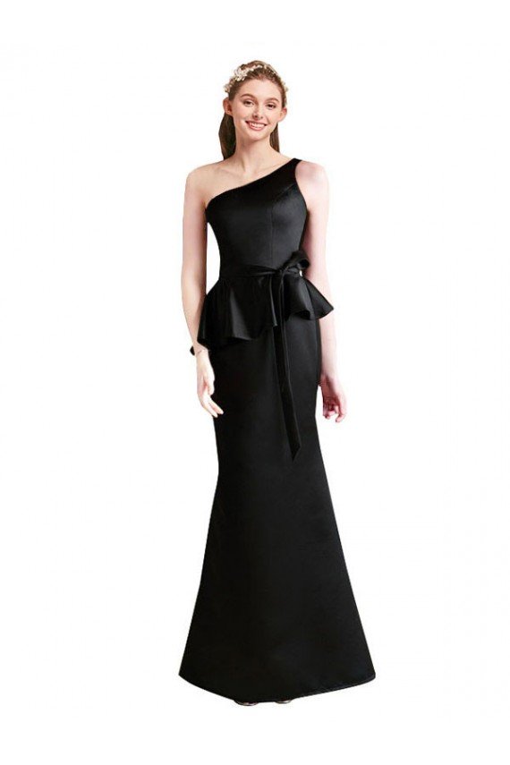 Cheapest Long One Shoulder Satin Bridesmaid Dress with Bow Ties UK