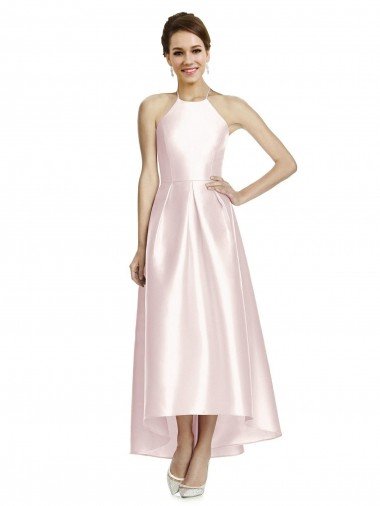 Cheapest Long High-Low Halter Satin Bridesmaid Dress with Criss-Cross Back UK