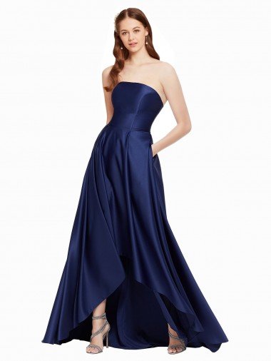 Cheapest High Low Strapless Formal Satin Bridesmaid Dress / Prom Dress with Pockets UK