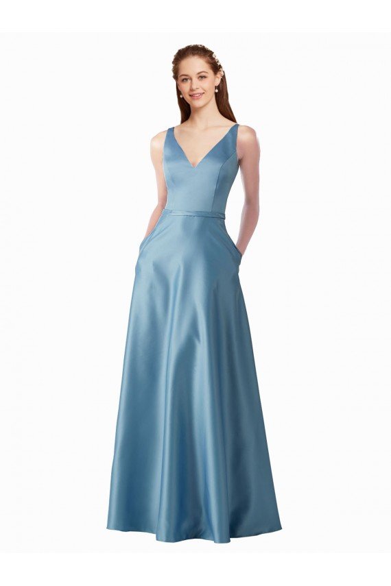 Cheapest Classic Satin V-Neck A-Line Bridesmaids Dress with Pockets UK