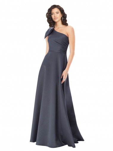 Cheapest Rouched One Shoulder Floor Length Formal Satin Bridesmaid Dress / Prom Dress with Bow UK