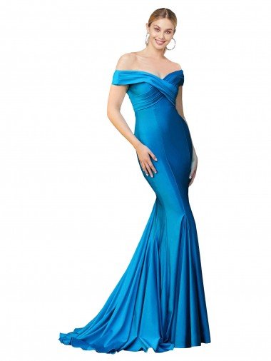 Cheapest Off the Shoulder Long Chapel Train Formal Satin Bridesmaid Dress / Prom Dress UK