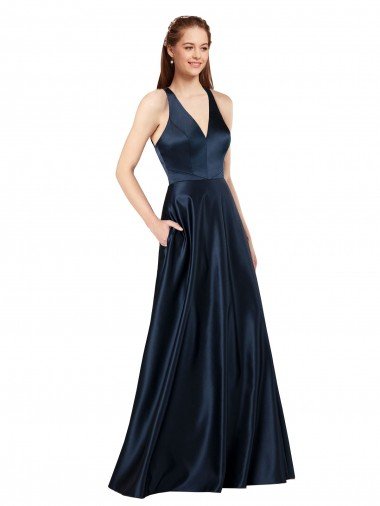 Cheapest Long Formal Satin Bridesmaid Gown with Halter Neckline UK