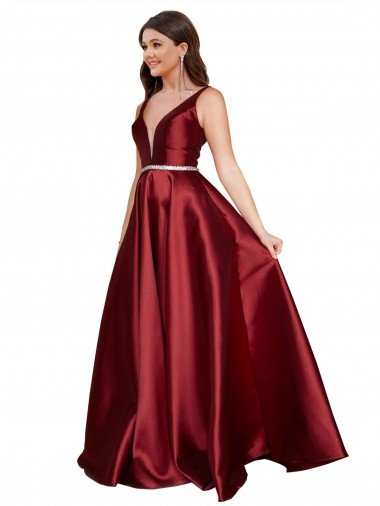 Cheapest Sleeveless Deep V-Neck A-Line Formal Satin Bridesmaid Dress / Prom Dress with Pockets UK