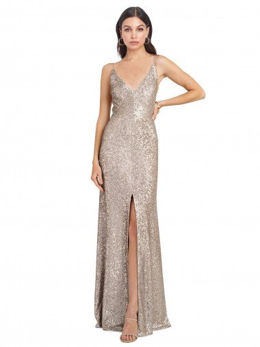 Cheapest V-Neck Fully Sequin Formal Bridesmaid Dress / Prom Dress with V-Back and Front Slit UK