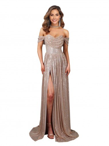 Cheapest Strapless Scoop Neck Off the Shoulder Long Formal Sequin Bridesmaid Dress / Prom Dress with High Slit UK