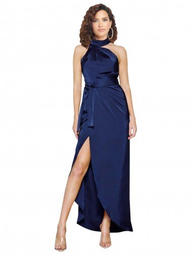 Cheapest Full Length High Neck Wrap Formal Silky Satin Bridesmaid Dress / Prom Dress with Waist Tie UK