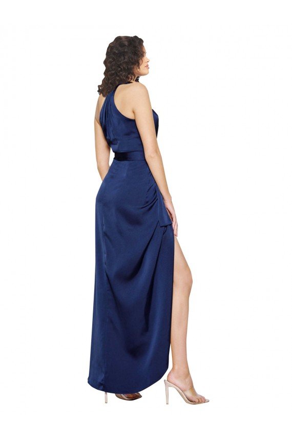 Cheapest Full Length High Neck Wrap Formal Silky Satin Bridesmaid Dress / Prom Dress with Waist Tie UK