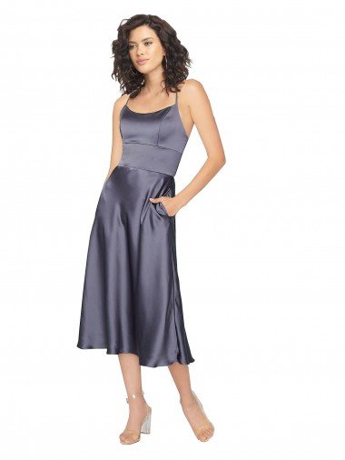 Cheapest Midi Cocktail Length Silky Satin Bridesmaid Dress / Prom Dress with Open Tied Back UK