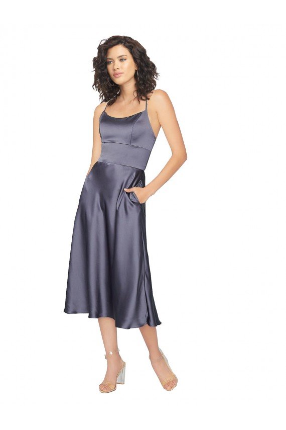 Cheapest Midi Cocktail Length Silky Satin Bridesmaid Dress / Prom Dress with Open Tied Back UK