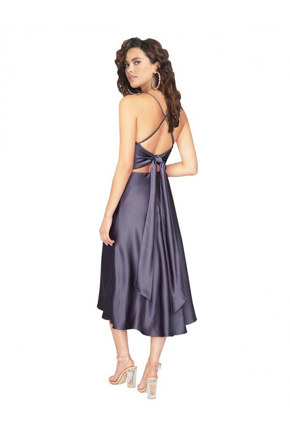 Cheapest Midi Cocktail Length Silky Satin Bridesmaid Dress / Prom Dress with Open Tied Back UK