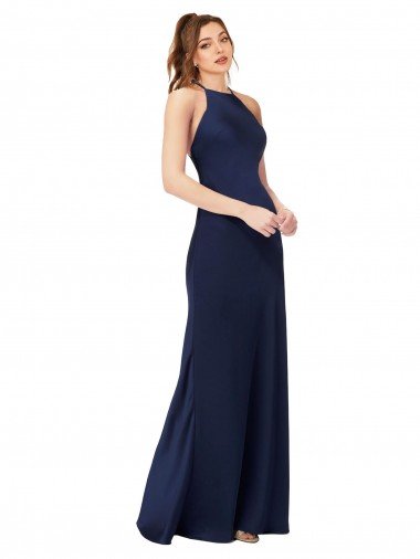 Cheapest High Neck Satin Bridesmaid Dress / Prom Dress with Strappy Back UK