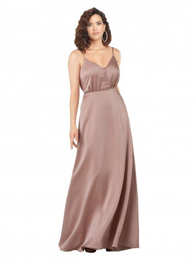 Cheapest Subtle V-Neckline Formal Silky Satin Bridesmaid Dress with Front Button Detail UK