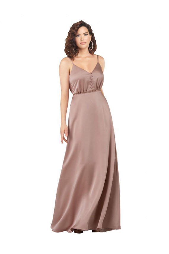 Cheapest Subtle V-Neckline Formal Silky Satin Bridesmaid Dress with Front Button Detail UK