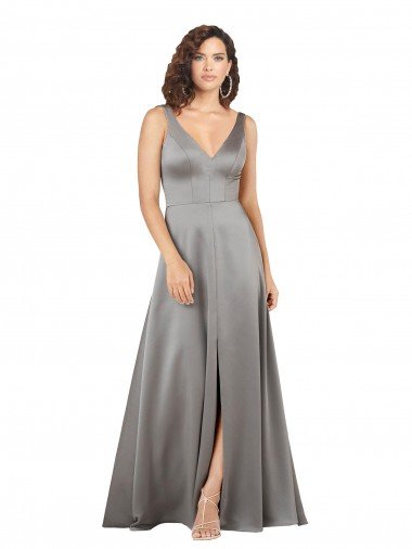 Cheapest Plunging V-Neckline Long A-Line Formal Silky Satin Bridesmaid Dress / Prom Dress UK