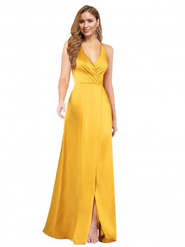 Cheapest Halter A-Line Formal Silky Satin Bridesmaid Dress / Prom Dress with V-Neckline and Slit UK