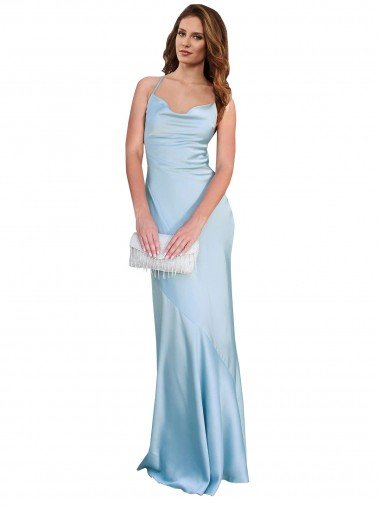 Cheapest Open Back with Ties Cowl Neck Sheath Formal Silky Satin Long Bridessmaid Dress UK