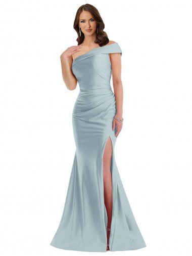 Cheapest Bias-Cuff One Shoulder Formal Silky Satin Mermaid Bridesmaid Dress / Prom Dress with Side Slit UK