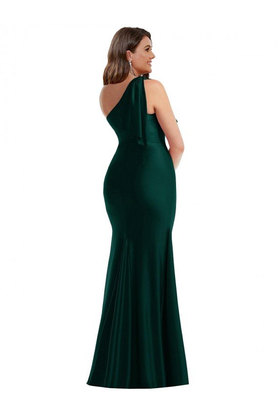 Cheapest Cascading Bow One Shoulder Formal Silky Satin Mermaid Bridesmaid Dress / Prom Dress with Front Slit UK