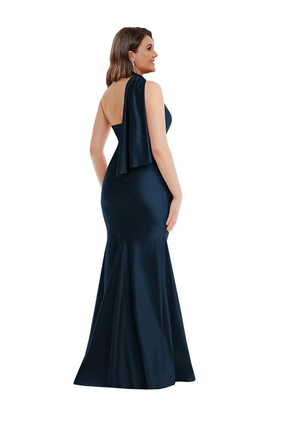 Cheapest Scarf Neck One Shoulder Formal Silky Satin Mermaid Bridesmaid Dress / Prom Dress with Front Slit UK