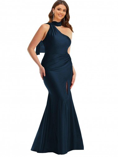 Cheapest Scarf Neck One Shoulder Formal Silky Satin Mermaid Bridesmaid Dress / Prom Dress with Front Slit UK