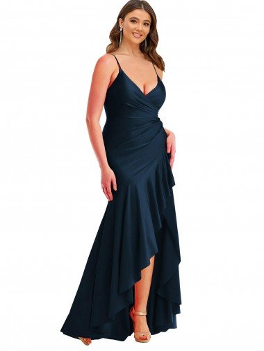 Cheapest Pleated Wrap Ruffled High Low Formal Silky Satin Bridesmaid Dress / Prom Dress UK