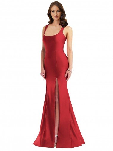 Cheapest Square Neck Formal Silky Satin Mermaid Bridesmaid Dress / Prom Dress with Side Slit UK