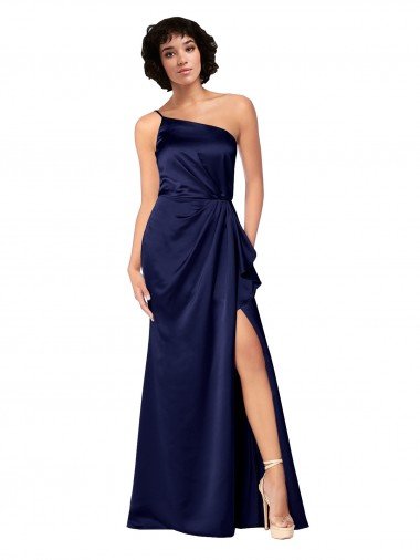 Cheapest One Shoulder Formal Silky Satin Bridesmaid Dress / Prom Dress with Skirt Slit UK