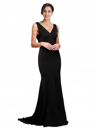 Cheapest V-Neck Full Length Formal Silky Satin Bridesmaid Dress / Prom Dress with Soft Cowl Neck and Sweep Train UK