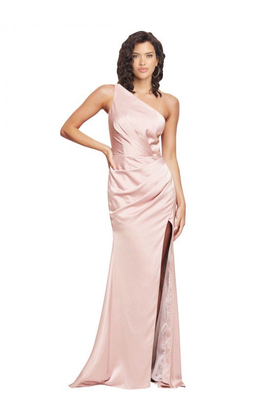 Cheapest Full Length Ruched Formal Silky Satin Bridesmaid Dress / Prom Dress with Low Back and High Split UK