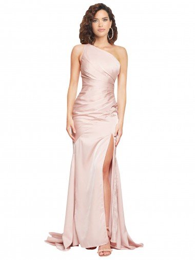 Cheapest Full Length One Shoulder Long Formal Silky Satin Bridesmaid Dress / Prom Dress with High Split UK