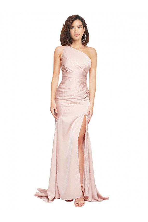 Cheapest Full Length One Shoulder Long Formal Silky Satin Bridesmaid Dress / Prom Dress with High Split UK