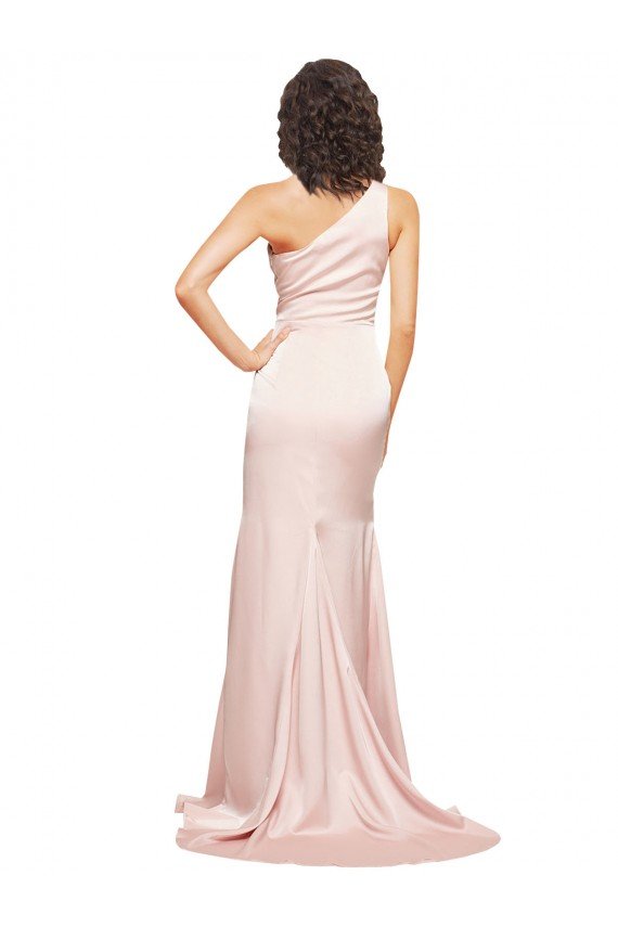 Cheapest Full Length One Shoulder Long Formal Silky Satin Bridesmaid Dress / Prom Dress with High Split UK