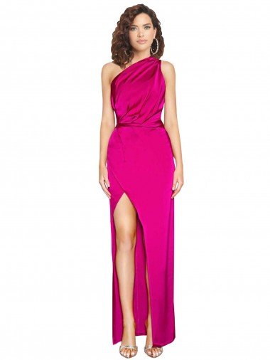 Cheapest One Shoulder Long Full Length Formal Silky Satin Bridesmaid Dress / Prom Dress with Front Side Split UK